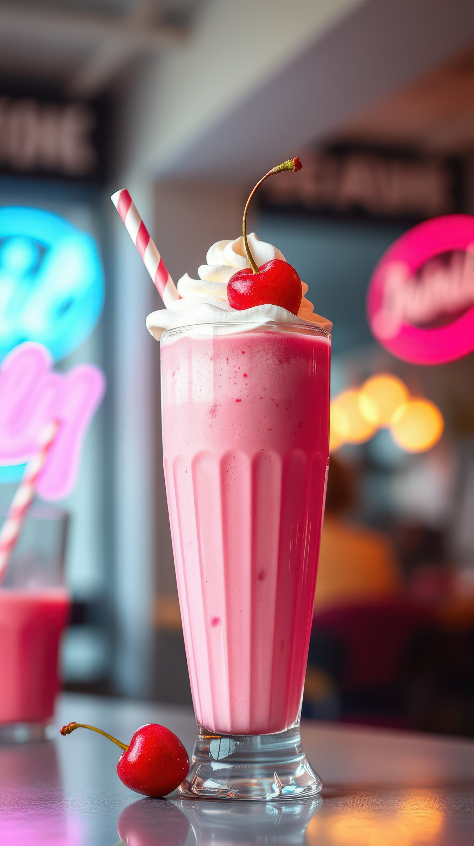Refreshing strawberry milkshake topped with whipped cream and cherry served in a diner setting